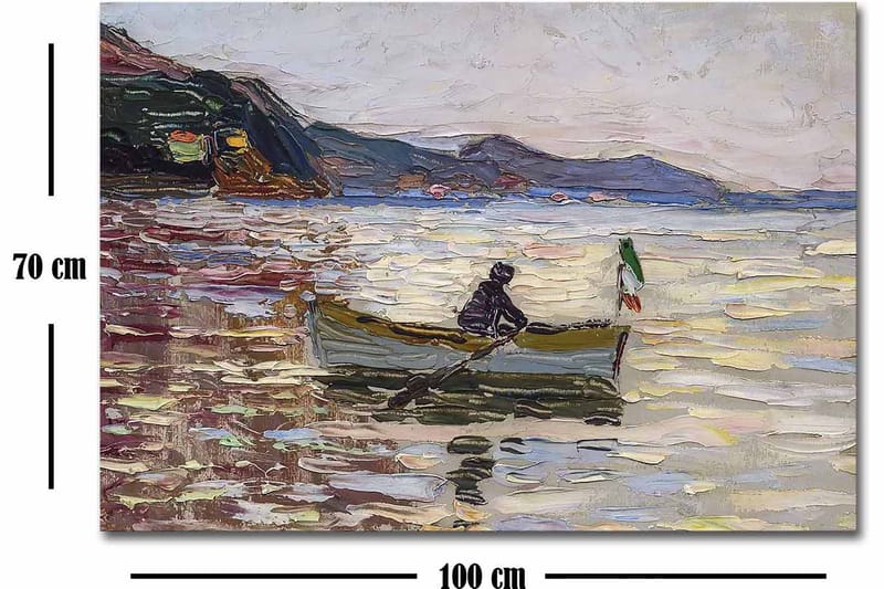 Canvastavla 70x100 cm - Båt med två personer som fiskar på en glittrande sjö under en ljus himmel - Blå / Grön / Beige - Inredning & dekor - Tavlor & konst - Canvastavla