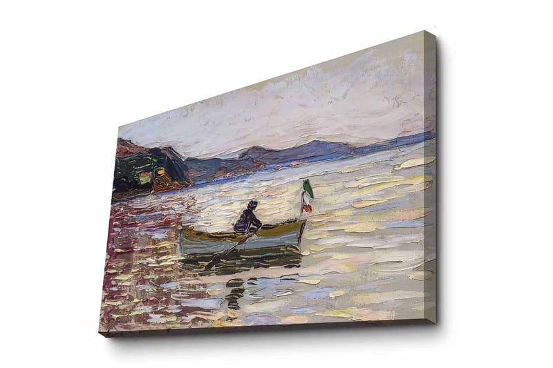 Canvastavla 70x100 cm - Båt med två personer som fiskar på en glittrande sjö under en ljus himmel, Blå / Grön / Beige