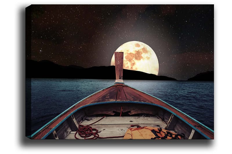 Canvastavla 70x100 cm - Båt som seglar mot en stor, lysande måne på natthimlen - Mörkblå / Brunt / Guld - Inredning & dekor - Tavlor & konst - Canvastavla