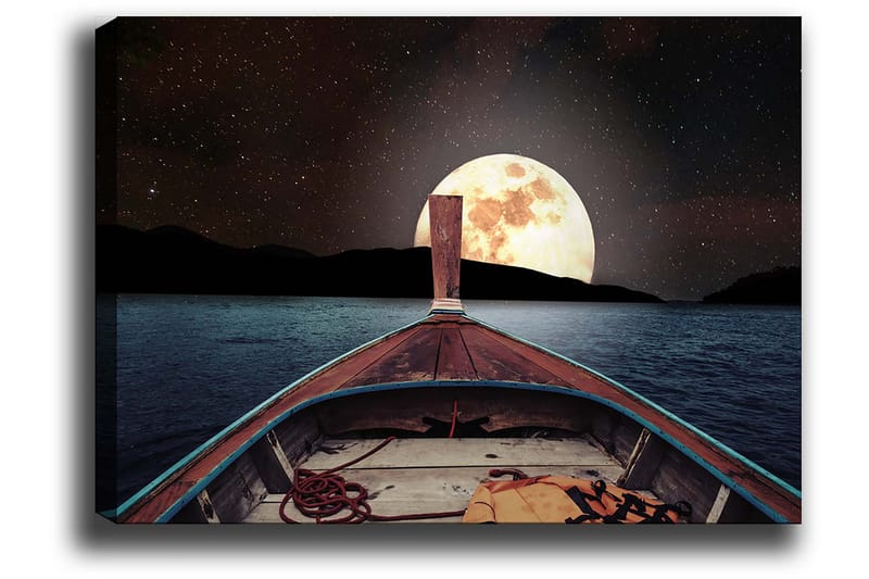 Canvastavla 70x100 cm - Båt som seglar mot en stor, lysande måne på natthimlen - Mörkblå / Brunt / Guld - Inredning & dekor - Tavlor & konst - Canvastavla