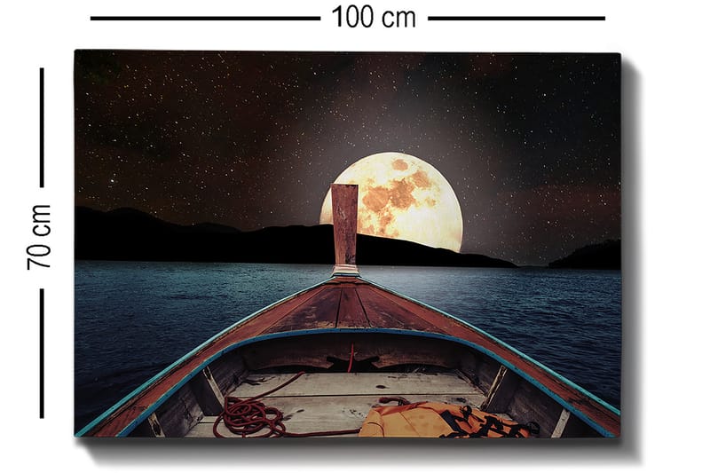 Canvastavla 70x100 cm - Båt som seglar mot en stor, lysande måne på natthimlen - Mörkblå / Brunt / Guld - Inredning & dekor - Tavlor & konst - Canvastavla