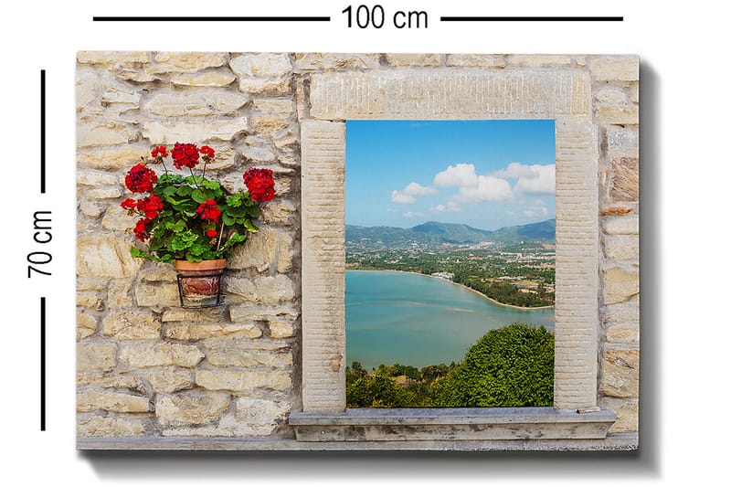 Canvastavla 70x100 cm - Blomkruka med röda blommor på en stenig vägg som ramar in en vacker utsikt över havet och landskapet - Röd / Grön / Beige - Inredning & dekor - Tavlor & konst - Canvastavla