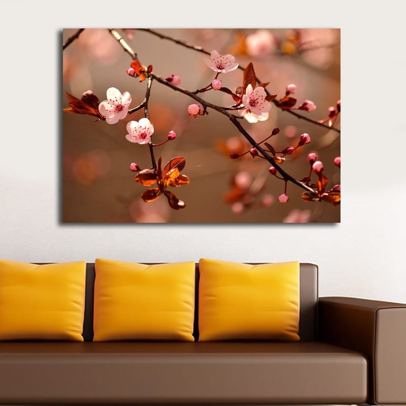 Canvastavla 70x100 cm - Blommande körsbärsgrenar med rosa blommor och bruna blad - Rosa / Brun - Inredning & dekor - Tavlor & konst - Canvastavla