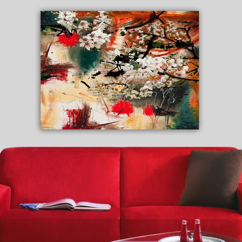 Canvastavla 70x100 cm - Blommande körsbärsträd i en abstrakt komposition med starka färger - Vit / Röd / Orange - Inredning & dekor - Tavlor & konst - Canvastavla