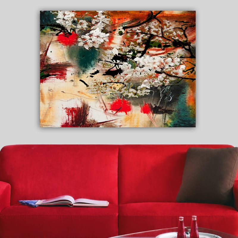 Canvastavla 70x100 cm - Blommande körsbärsträd i en abstrakt komposition med starka färger - Vit / Röd / Orange - Inredning & dekor - Tavlor & konst - Canvastavla