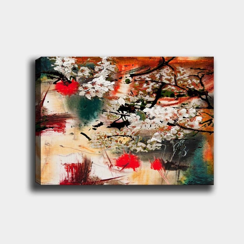 Canvastavla 70x100 cm - Blommande körsbärsträd i en abstrakt komposition med starka färger, Vit / Röd / Orange