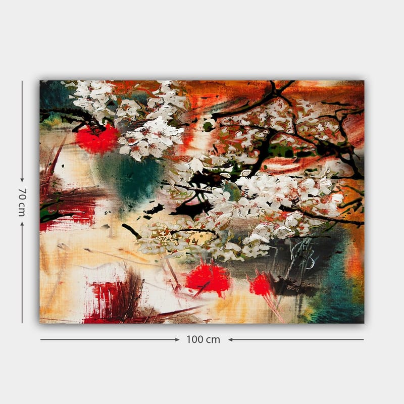 Canvastavla 70x100 cm - Blommande körsbärsträd i en abstrakt komposition med starka färger - Vit / Röd / Orange - Inredning & dekor - Tavlor & konst - Canvastavla