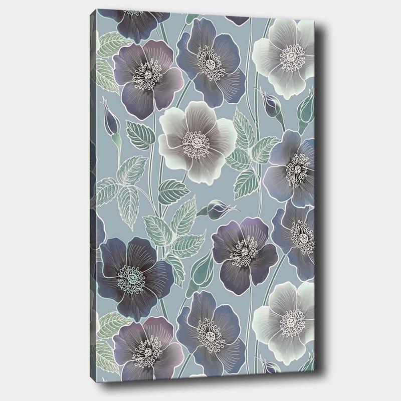 Canvastavla 70x100 cm - Blommor i olika nyanser av blått och lila med detaljerade bladverk, Mörkblå / Ljusblå / Lila