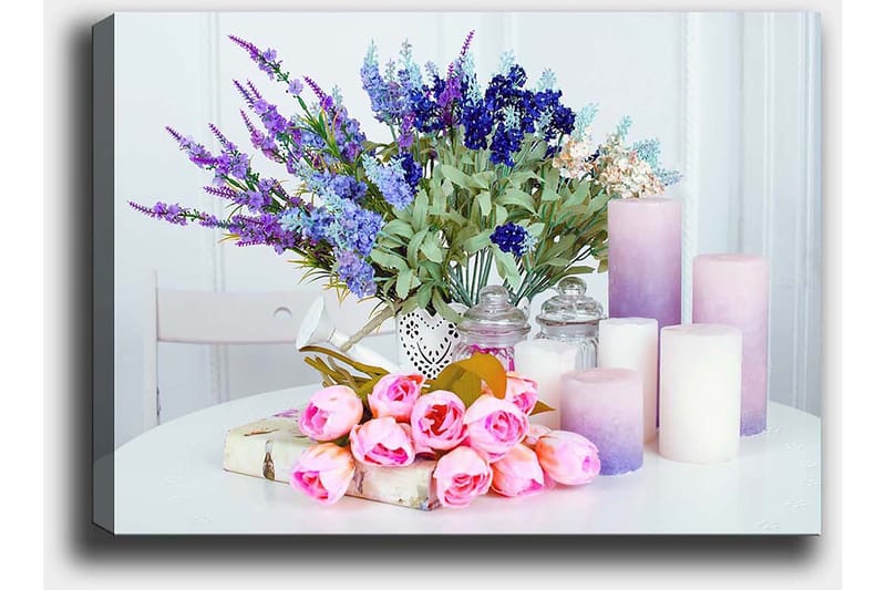 Canvastavla 70x100 cm - Blomsterarrangemang med rosa rosor och lila blommor i en vit vas - Rosa / Lila / Grön - Inredning & dekor - Tavlor & konst - Canvastavla