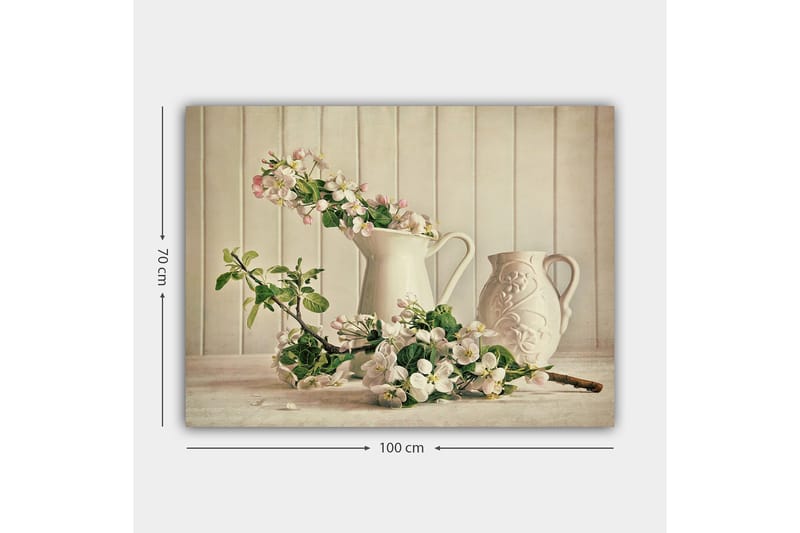 Canvastavla 70x100 cm - Blomsterarrangemang med vita kannor och grenar i en stillsam komposition - Vit / Ljusrosa / Grön - Inredning & dekor - Tavlor & konst - Canvastavla