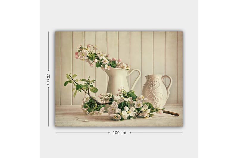 Canvastavla 70x100 cm - Blomsterarrangemang med vita kannor och grenar i en stillsam komposition - Vit / Ljusrosa / Grön - Inredning & dekor - Tavlor & konst - Canvastavla