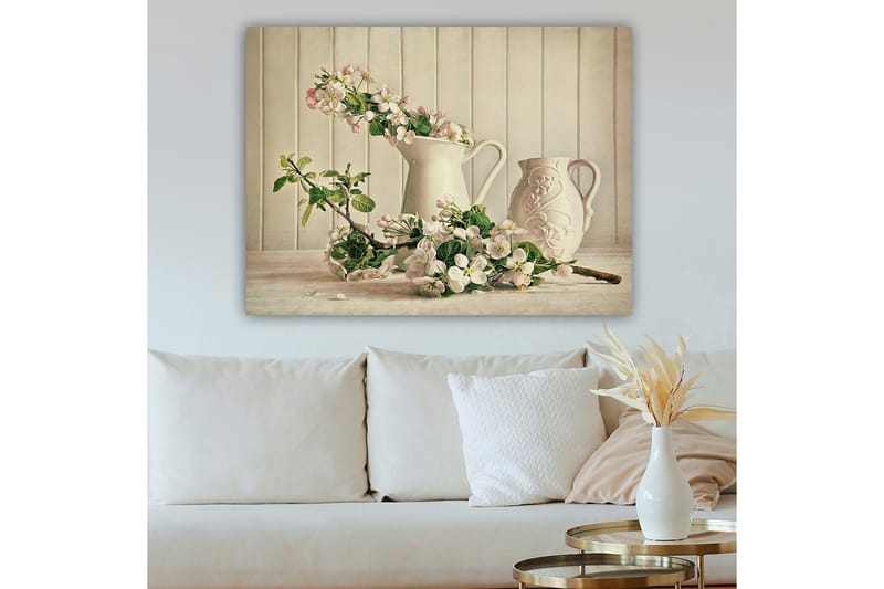 Canvastavla 70x100 cm - Blomsterarrangemang med vita kannor och grenar i en stillsam komposition - Vit / Ljusrosa / Grön - Inredning & dekor - Tavlor & konst - Canvastavla