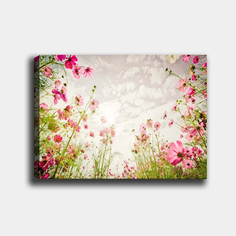 Canvastavla 70x100 cm - Blomstrande äng med rosa blommor som sträcker sig mot en ljus himmel - Rosa / Grön - Inredning & dekor - Tavlor & konst - Canvastavla
