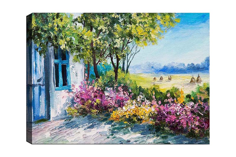 Canvastavla 70x100 cm - Blomstrande trädgård med ett hus och grönskande träd i bakgrunden - Grön / Rosa / Gul - Inredning & dekor - Tavlor & konst - Canvastavla