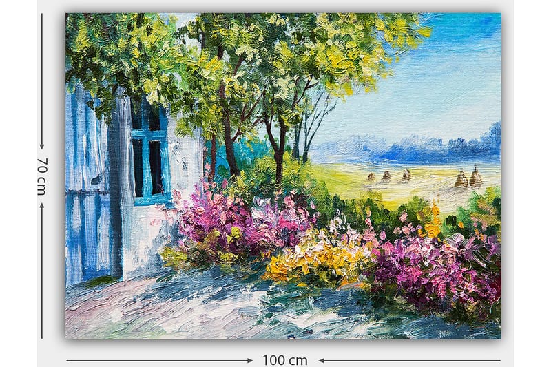 Canvastavla 70x100 cm - Blomstrande trädgård med ett hus och grönskande träd i bakgrunden - Grön / Rosa / Gul - Inredning & dekor - Tavlor & konst - Canvastavla