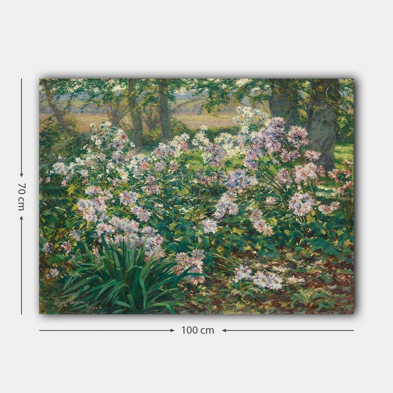 Canvastavla 70x100 cm - Blomstrande trädgård med färgglada blommor i en grönskande miljö - Grön / Rosa / Vit - Inredning & dekor - Tavlor & konst - Canvastavla