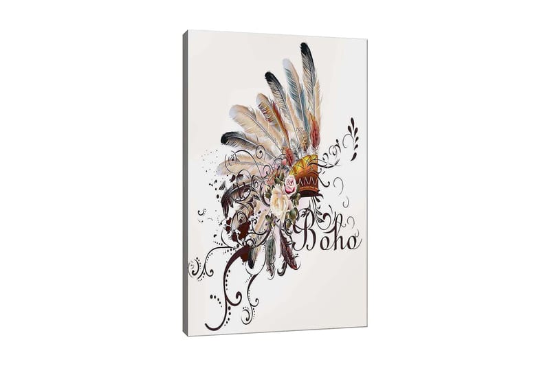 Canvastavla 70x100 cm - Bohemisk fjäderhuvudbonad med blommor och dekorativa element, Beige / Brun / Rosa