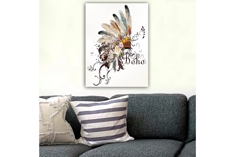 Canvastavla 70x100 cm - Bohemisk fjäderhuvudbonad med blommor och dekorativa element - Beige / Brun / Rosa - Inredning & dekor - Tavlor & konst - Canvastavla