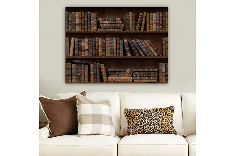 Canvastavla 70x100 cm - Bokhylla fylld med gamla böcker i olika storlekar och färger - Mörkbrun / Beige / Mörkgrön - Inredning & dekor - Tavlor & konst - Canvastavla