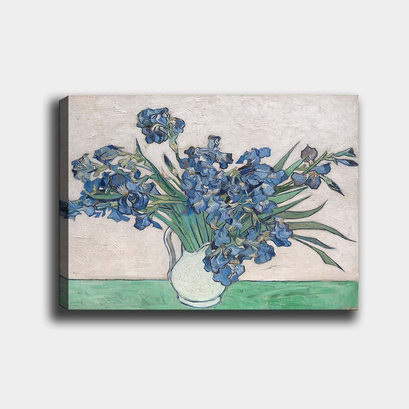 Canvastavla 70x100 cm - Bukett av irisblommor i en vit vas, Blå / Grön