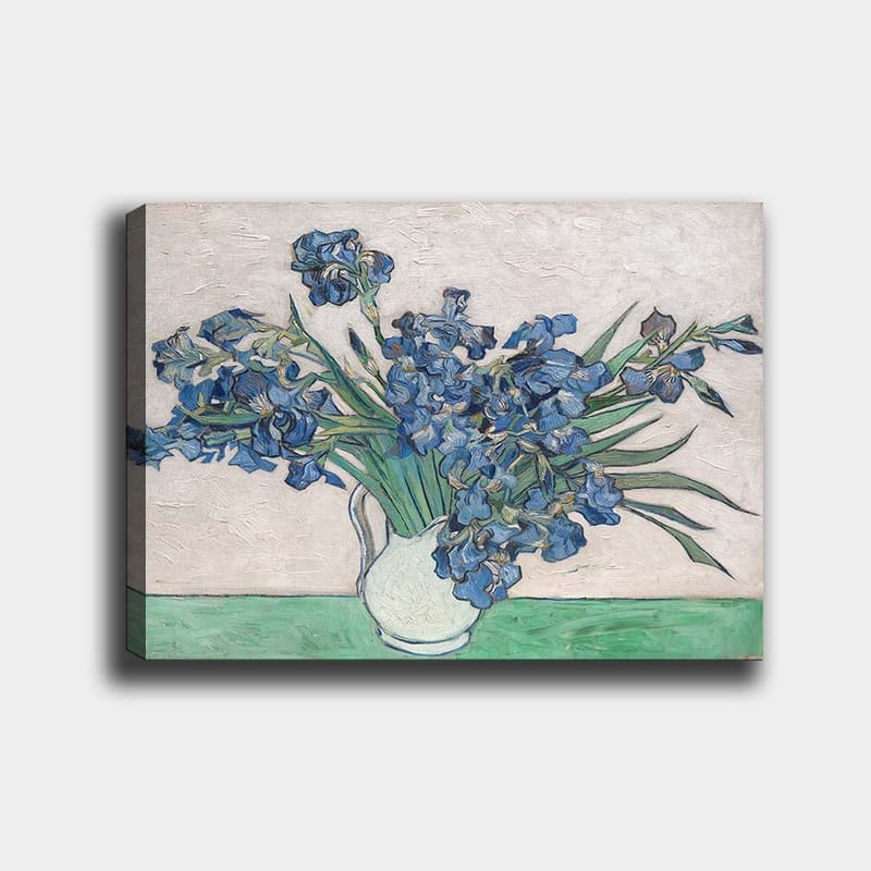 Canvastavla 70x100 cm - Bukett av irisblommor i en vit vas, Blå / Grön