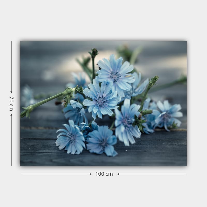 Canvastavla 70x100 cm - Bukett av ljusblå blommor som ligger på en mörk yta - Ljusblå / Grön - Inredning & dekor - Tavlor & konst - Canvastavla