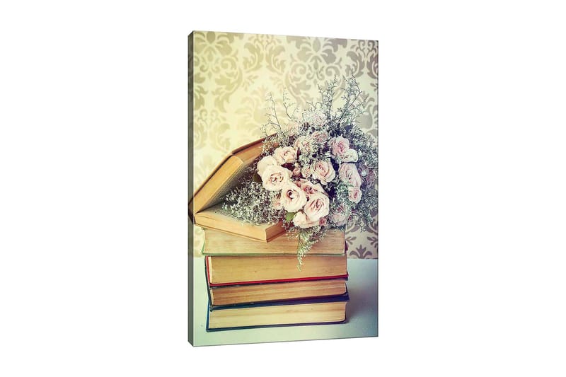 Canvastavla 70x100 cm - Bukett av rosa rosor placerad ovanpå en hög av böcker - Rosa / Beige / Grön - Inredning & dekor - Tavlor & konst - Canvastavla