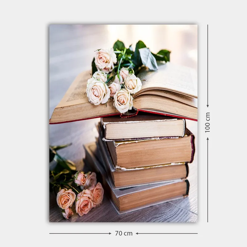 Canvastavla 70x100 cm - Bukett av rosor ligger på en hög av böcker - Ljusrosa / Beige / Brun - Inredning & dekor - Tavlor & konst - Canvastavla