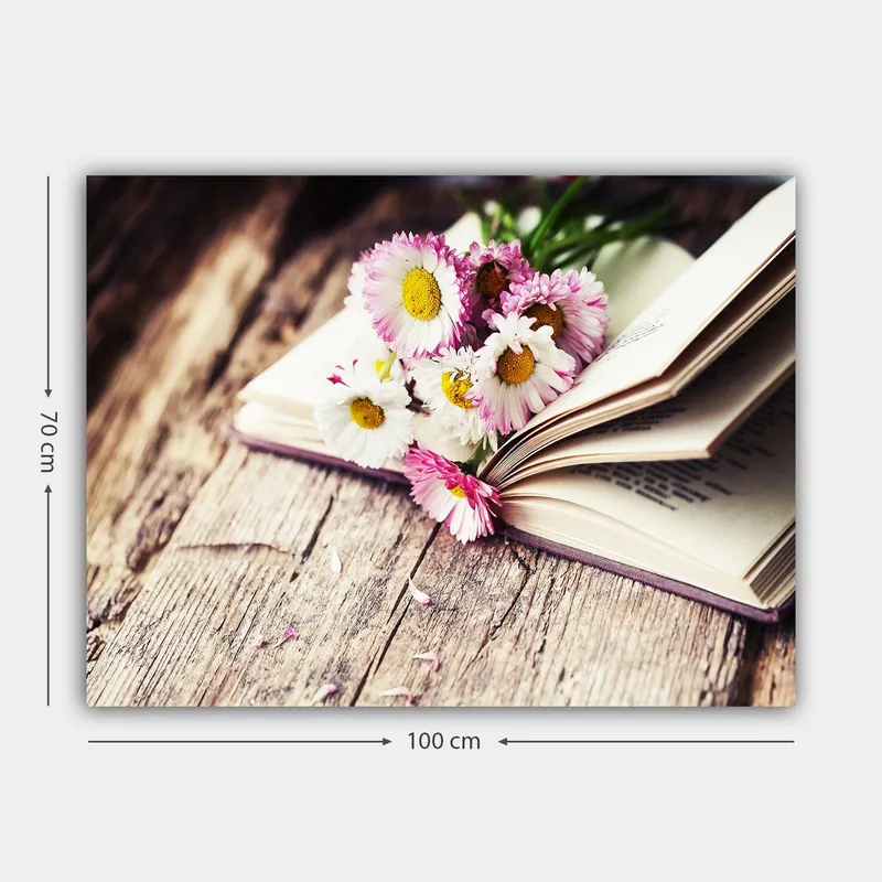 Canvastavla 70x100 cm - Bukett med blommor placerad på en öppen bok - Vit / Rosa / Gul - Inredning & dekor - Tavlor & konst - Canvastavla