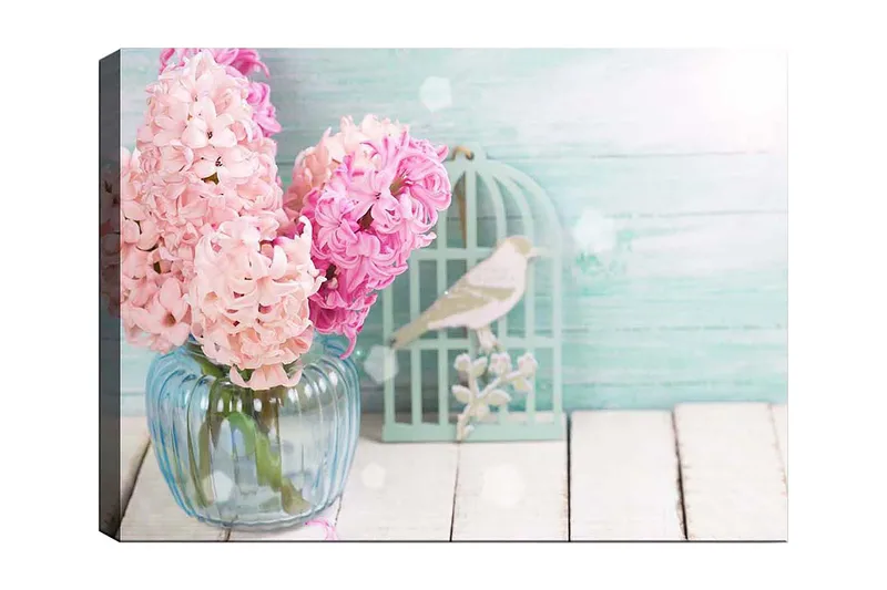 Canvastavla 70x100 cm - Bukett med rosa hyacinter i en glasvas, Rosa / Ljusblå / Grön