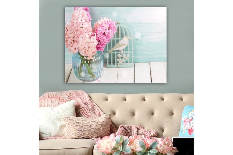 Canvastavla 70x100 cm - Bukett med rosa hyacinter i en glasvas - Rosa / Ljusblå / Grön - Inredning & dekor - Tavlor & konst - Canvastavla