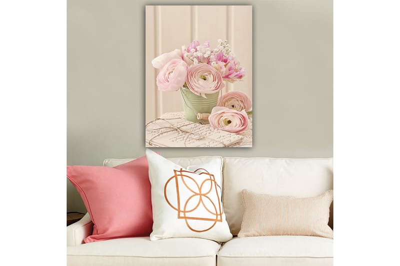 Canvastavla 70x100 cm - Bukett med rosa ranunkler i en grön kruka - Rosa / Grön / Vit - Inredning & dekor - Tavlor & konst - Canvastavla