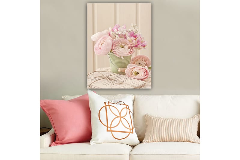 Canvastavla 70x100 cm - Bukett med rosa ranunkler i en grön kruka - Rosa / Grön / Vit - Inredning & dekor - Tavlor & konst - Canvastavla