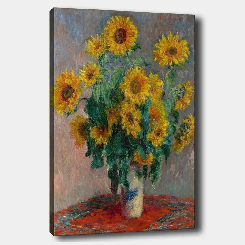 Canvastavla 70x100 cm - Bukett med solrosor i en vas, Gult / Grönt / Rött