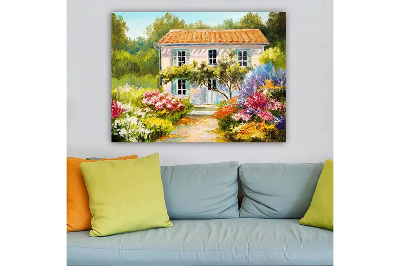 Canvastavla 70x100 cm - Charmig villa omgiven av blomstrande trädgårdar - Grön / Rosa / Blå - Inredning & dekor - Tavlor & konst - Canvastavla