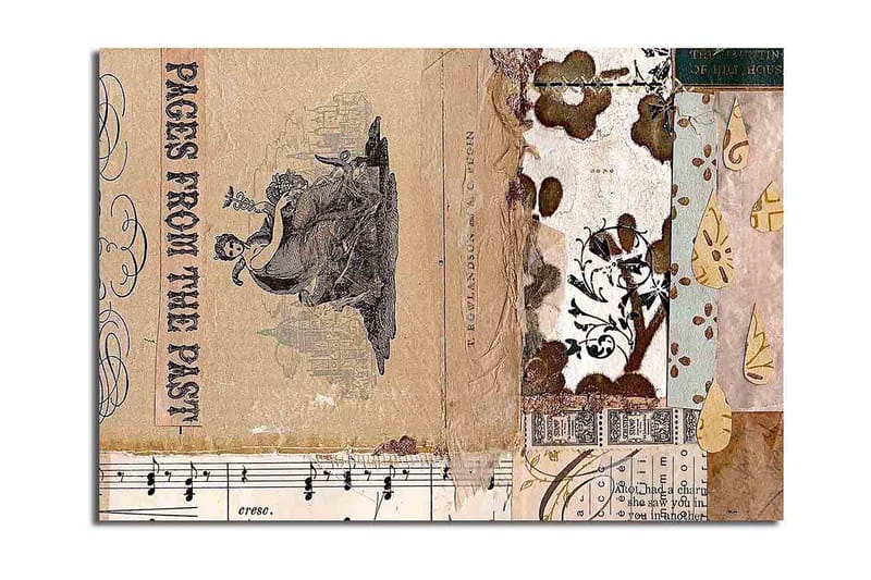Canvastavla 70x100 cm - Collage av gamla bokblad och dekorativa mönster med en central figur som framhäver nostalgi och historia - Beige / Brun / Svart - Inredning & dekor - Tavlor & konst - Canvastavla