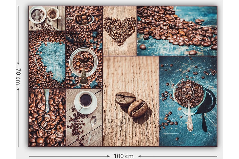 Canvastavla 70x100 cm - Collage av kaffebönor och kaffekoppar som framhäver kaffets olika aspekter och presentationer - Mörkbrun / Beige / Turkos - Inredning & dekor - Tavlor & konst - Canvastavla
