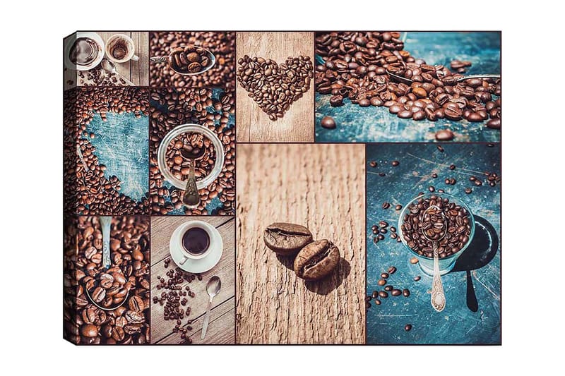 Canvastavla 70x100 cm - Collage av kaffebönor och kaffekoppar som framhäver kaffets olika aspekter och presentationer, Mörkbrun / Beige / Turkos