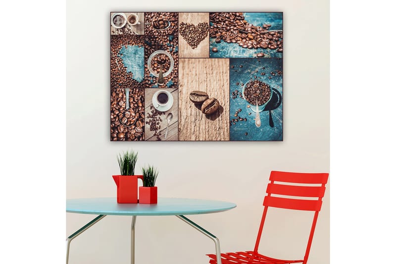 Canvastavla 70x100 cm - Collage av kaffebönor och kaffekoppar som framhäver kaffets olika aspekter och presentationer - Mörkbrun / Beige / Turkos - Inredning & dekor - Tavlor & konst - Canvastavla