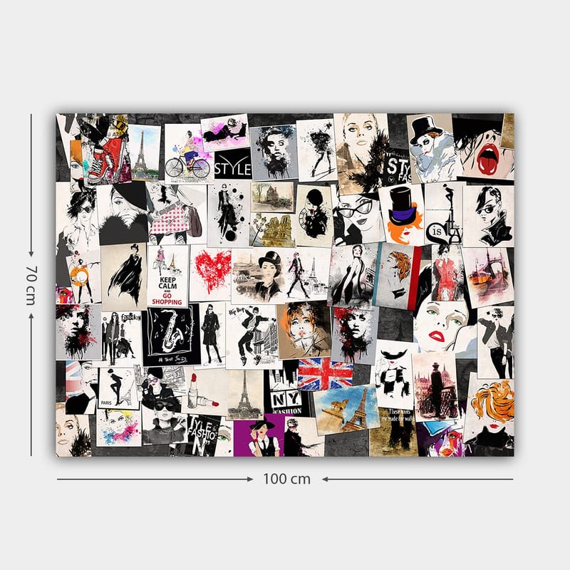 Canvastavla 70x100 cm - Collage av modeikoner och stiliserade porträtt med inslag av romantiska och urbana teman - Svart / Röd / Beige - Inredning & dekor - Tavlor & konst - Canvastavla