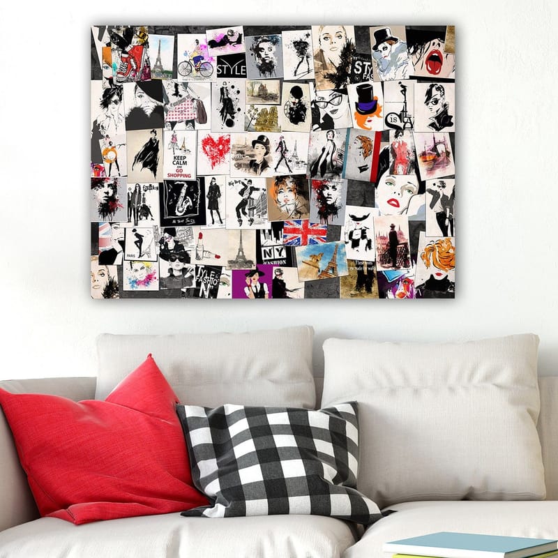 Canvastavla 70x100 cm - Collage av modeikoner och stiliserade porträtt med inslag av romantiska och urbana teman - Svart / Röd / Beige - Inredning & dekor - Tavlor & konst - Canvastavla