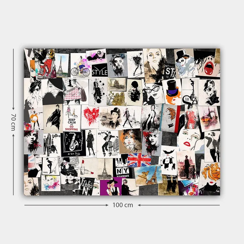 Canvastavla 70x100 cm - Collage av modeikoner och stiliserade porträtt med inslag av romantiska och urbana teman - Svart / Röd / Beige - Inredning & dekor - Tavlor & konst - Canvastavla
