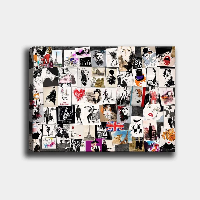 Canvastavla 70x100 cm - Collage av modeikoner och stiliserade porträtt med inslag av romantiska och urbana teman, Svart / Röd / Beige