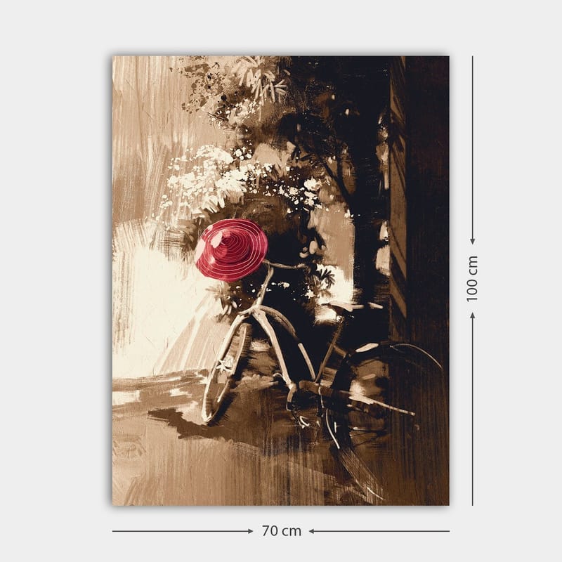 Canvastavla 70x100 cm - Cykel med en röd hatt som står i en grönskande miljö - Röd / Brun / Svart - Inredning & dekor - Tavlor & konst - Canvastavla