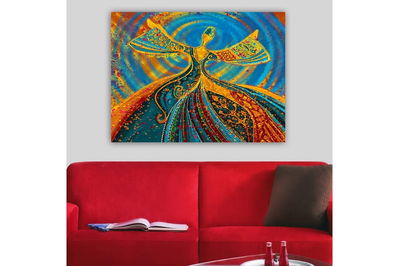 Canvastavla 70x100 cm - Dansande figur med utsträckta armar i en färgglad och livfull komposition - Blå / Orange / Grön - Inredning & dekor - Tavlor & konst - Canvastavla