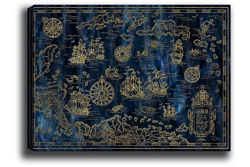 Canvastavla 70x100 cm - Detaljerad karta över Karibiska havet med segelbåtar och kompasser i guldmotiv - Mörkblå / Guld - Inredning & dekor - Tavlor & konst - Canvastavla