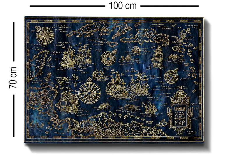 Canvastavla 70x100 cm - Detaljerad karta över Karibiska havet med segelbåtar och kompasser i guldmotiv - Mörkblå / Guld - Inredning & dekor - Tavlor & konst - Canvastavla