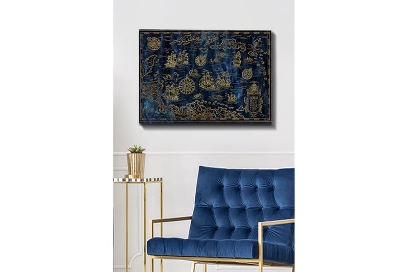 Canvastavla 70x100 cm - Detaljerad karta över Karibiska havet med segelbåtar och kompasser i guldmotiv - Mörkblå / Guld - Inredning & dekor - Tavlor & konst - Canvastavla