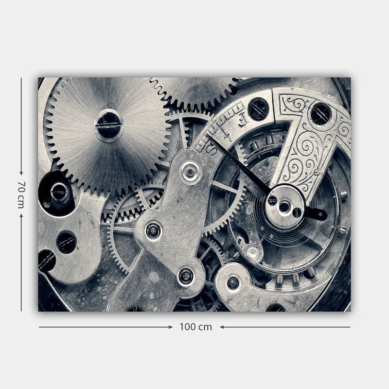 Canvastavla 70x100 cm - Detaljerad närbild av klockverkets kugghjul och mekanik - Silver / Grå - Inredning & dekor - Tavlor & konst - Canvastavla