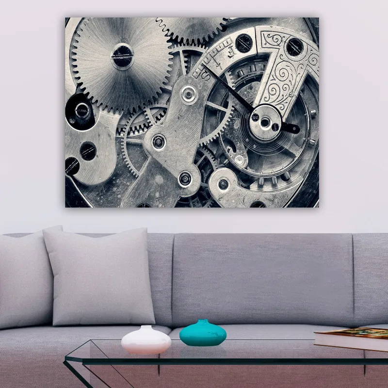 Canvastavla 70x100 cm - Detaljerad närbild av klockverkets kugghjul och mekanik - Silver / Grå - Inredning & dekor - Tavlor & konst - Canvastavla